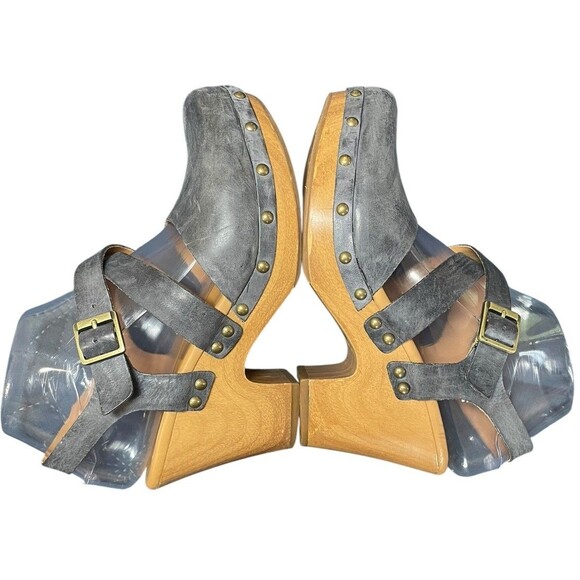 Korks Wendy Cross Strap Studded Platform Heeled Clogs Tan Denim Blue Size 7M - Picture 5 of 13